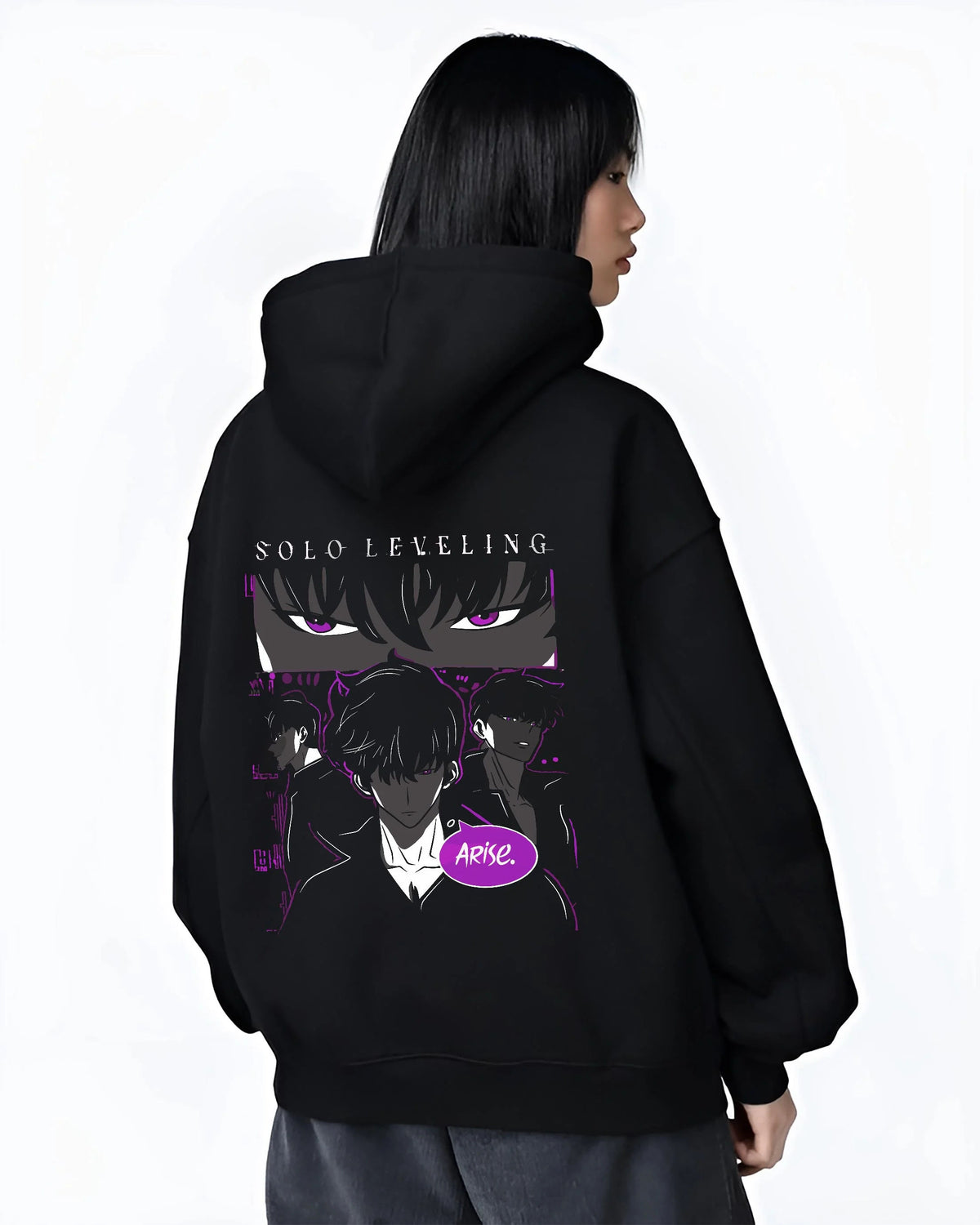 Black hoodie worn by female model from the back featuring Sung Jin-Woo Arise Shadow Monarch Solo Leveling artwork.