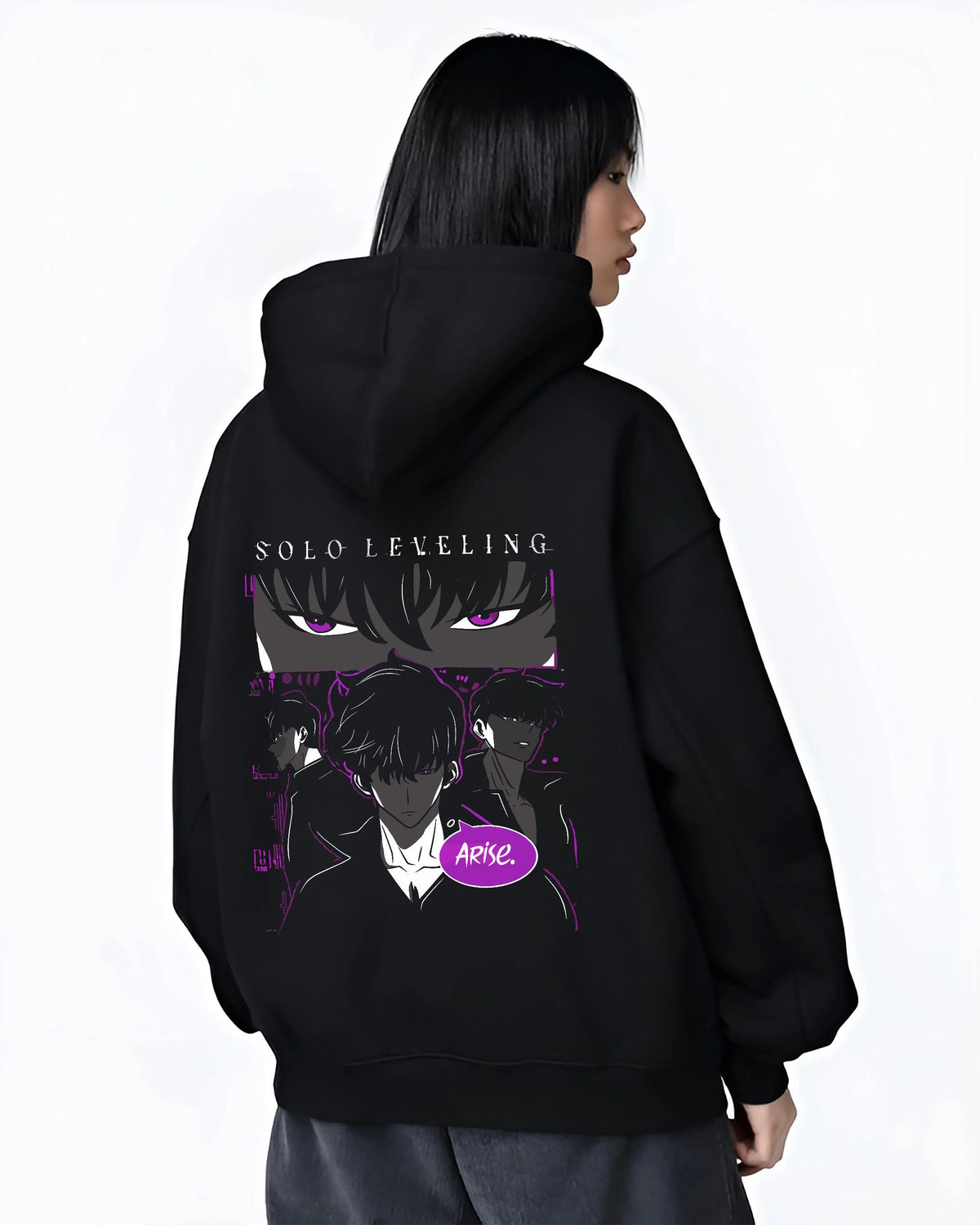 Black hoodie worn by female model from the back featuring Sung Jin-Woo Arise Shadow Monarch Solo Leveling artwork.