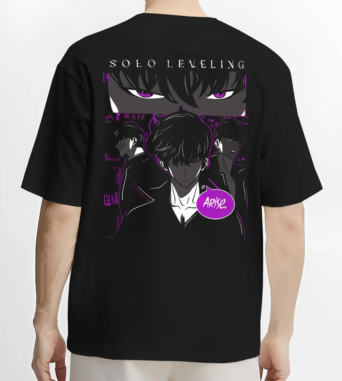 Black T-shirt worn by male model from the back featuring Sung Jin-Woo Arise Shadow Monarch Solo Leveling artwork.