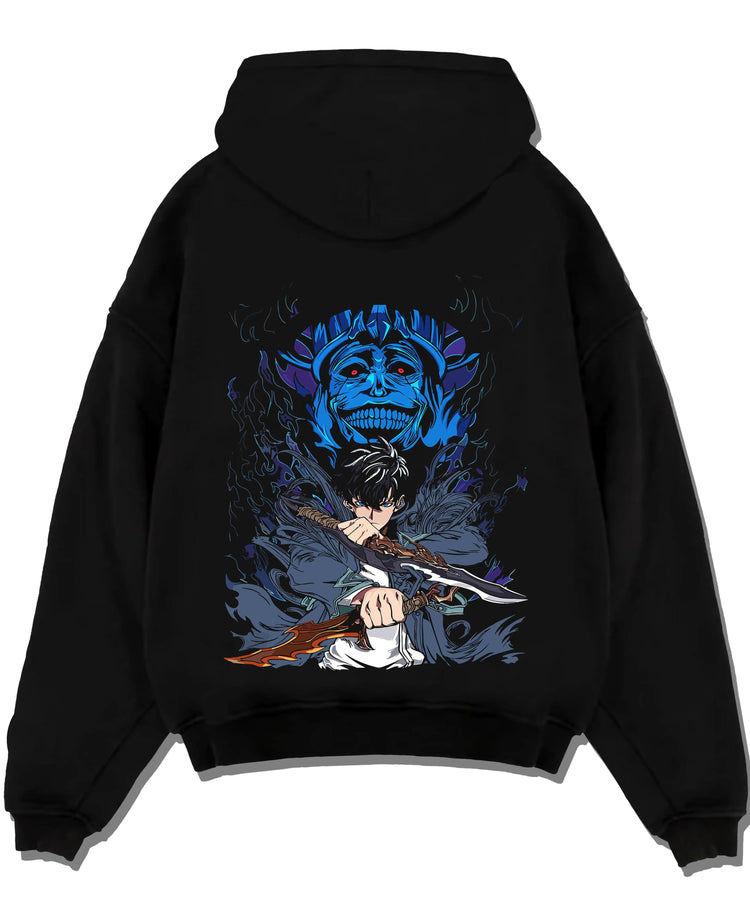 Black hoodie laid flat featuring Sung Jin-Woo Shadow Monarch sword Solo Leveling artwork.