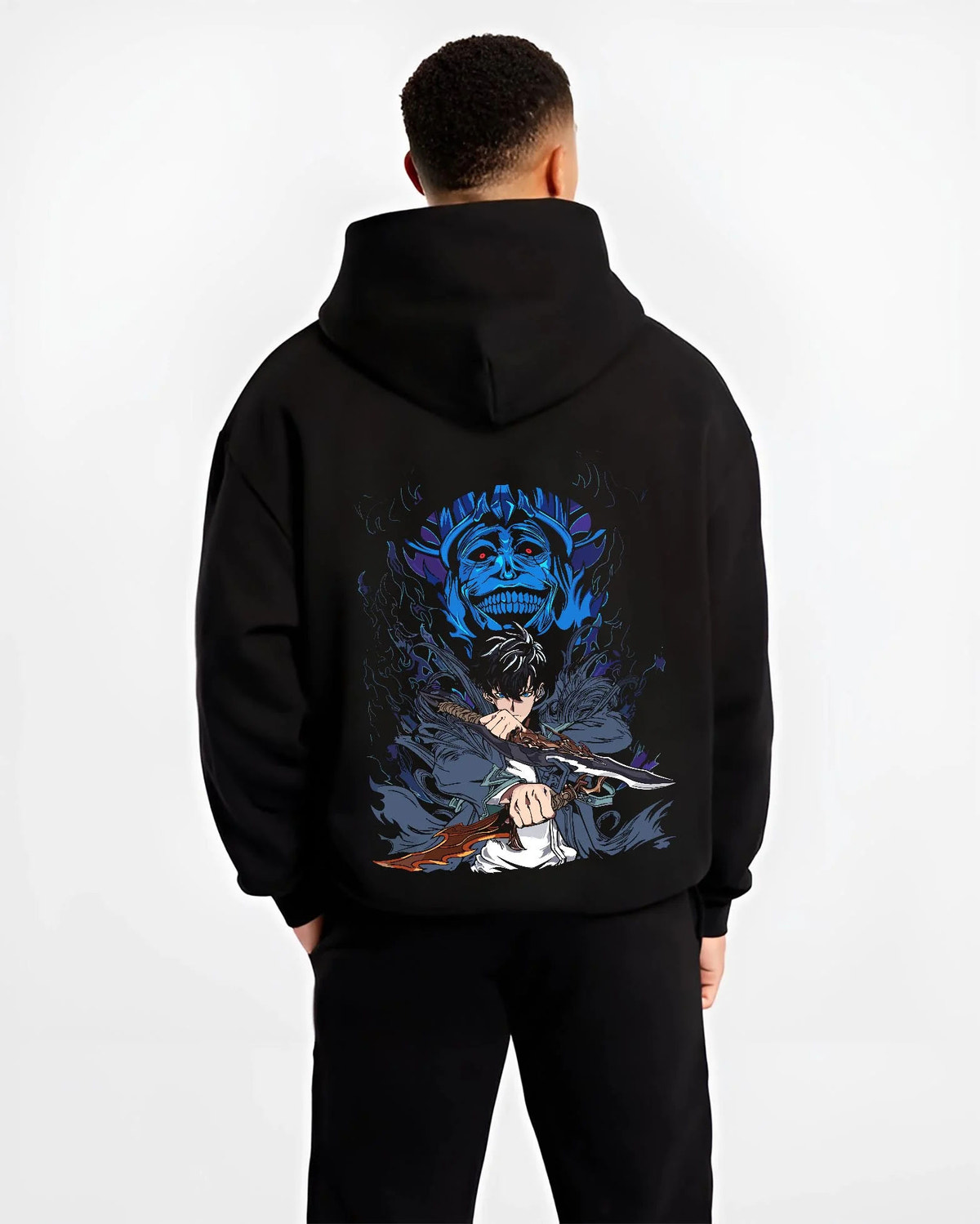 Black hoodie worn by male model from the back featuring Sung Jin-Woo Shadow Monarch sword Solo Leveling artwork.
