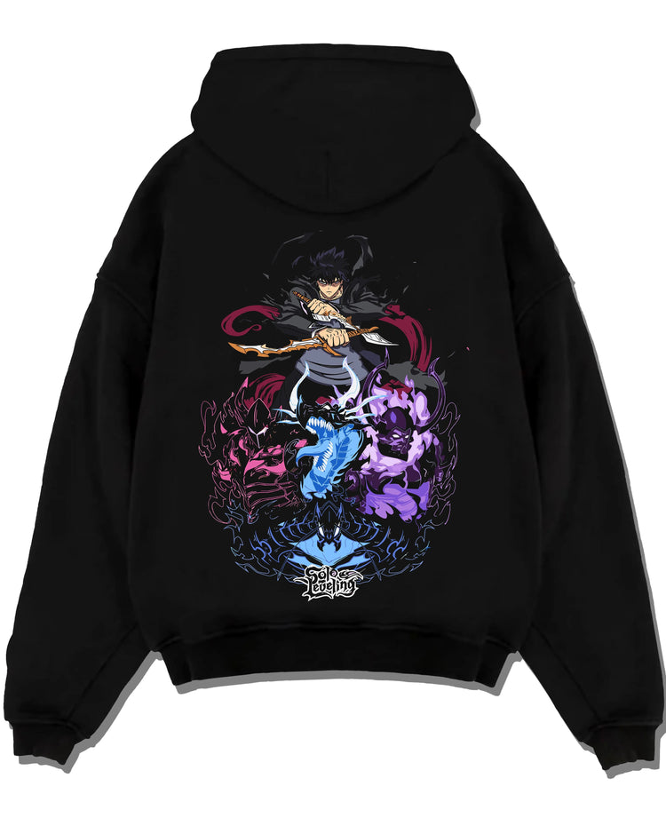 Black hoodie laid flat featuring Sung Jin-Woo Shadow Army battle Solo Leveling artwork.
