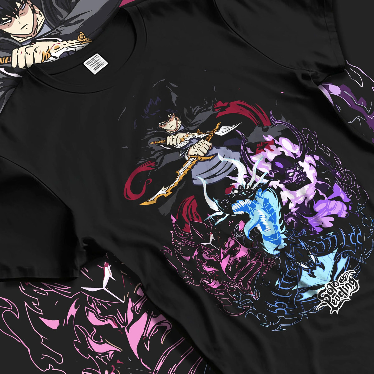 Black T-shirt laid flat with natural folds featuring Sung Jin-Woo Shadow Army battle Solo Leveling artwork.