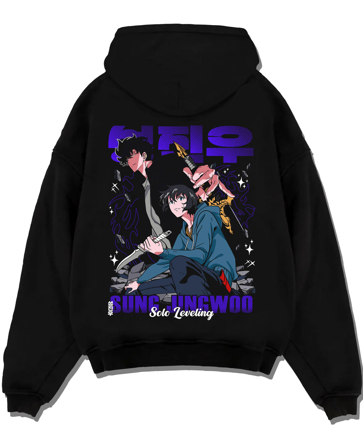 Black hoodie laid flat featuring Sung Jin-Woo hunter shadow portrait Solo Leveling artwork.