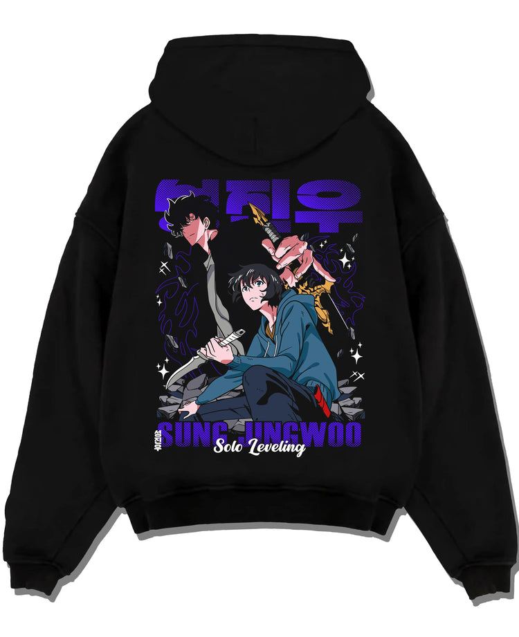 Black hoodie laid flat featuring Sung Jin-Woo hunter shadow portrait Solo Leveling artwork.