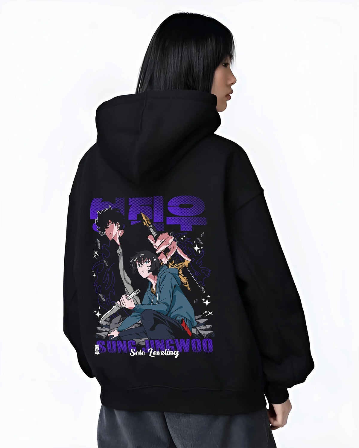 Black hoodie worn by female model from the back featuring Sung Jin-Woo hunter shadow portrait Solo Leveling artwork.