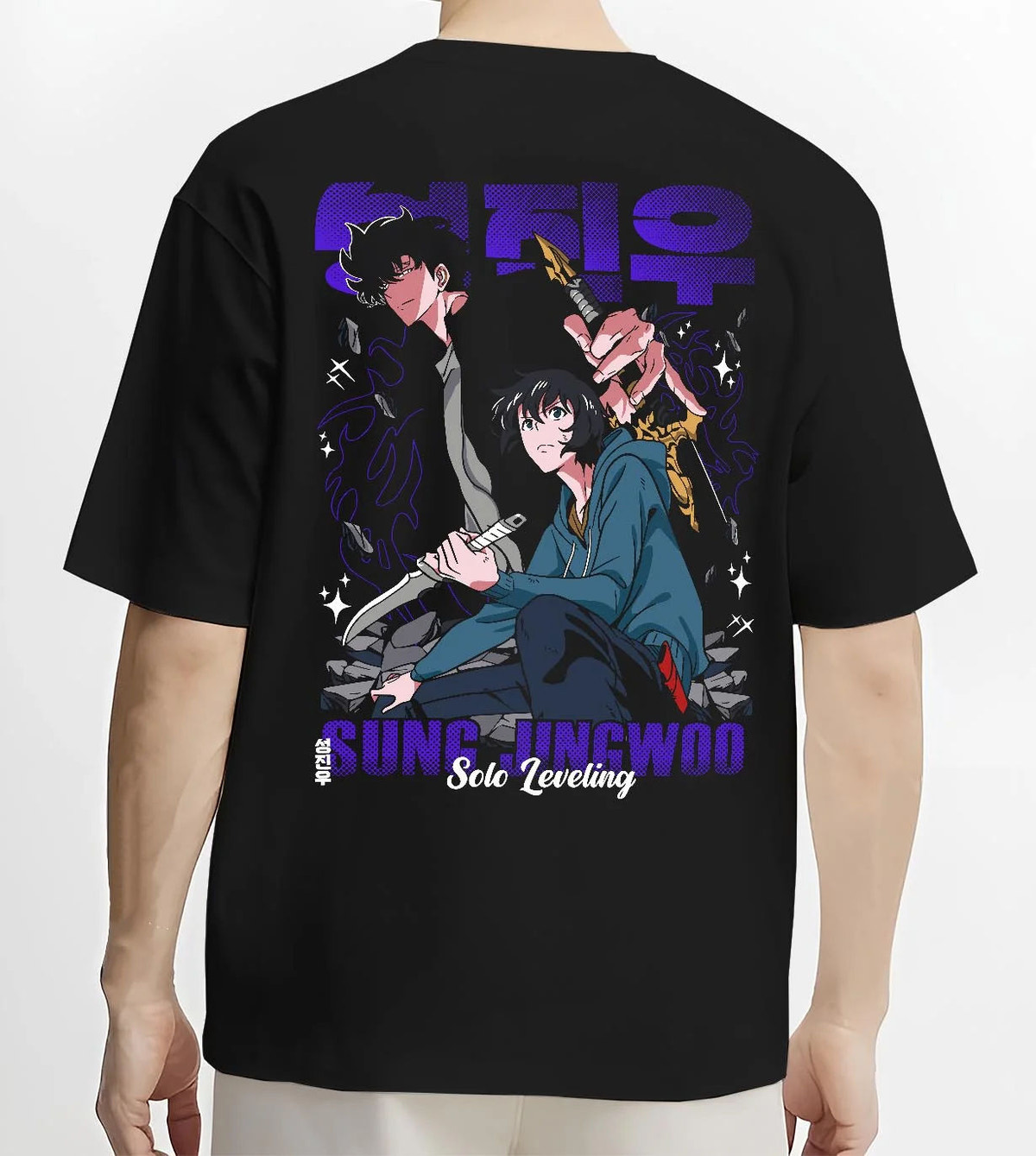Black T-shirt worn by male model from the back featuring Sung Jin-Woo hunter shadow portrait Solo Leveling artwork.