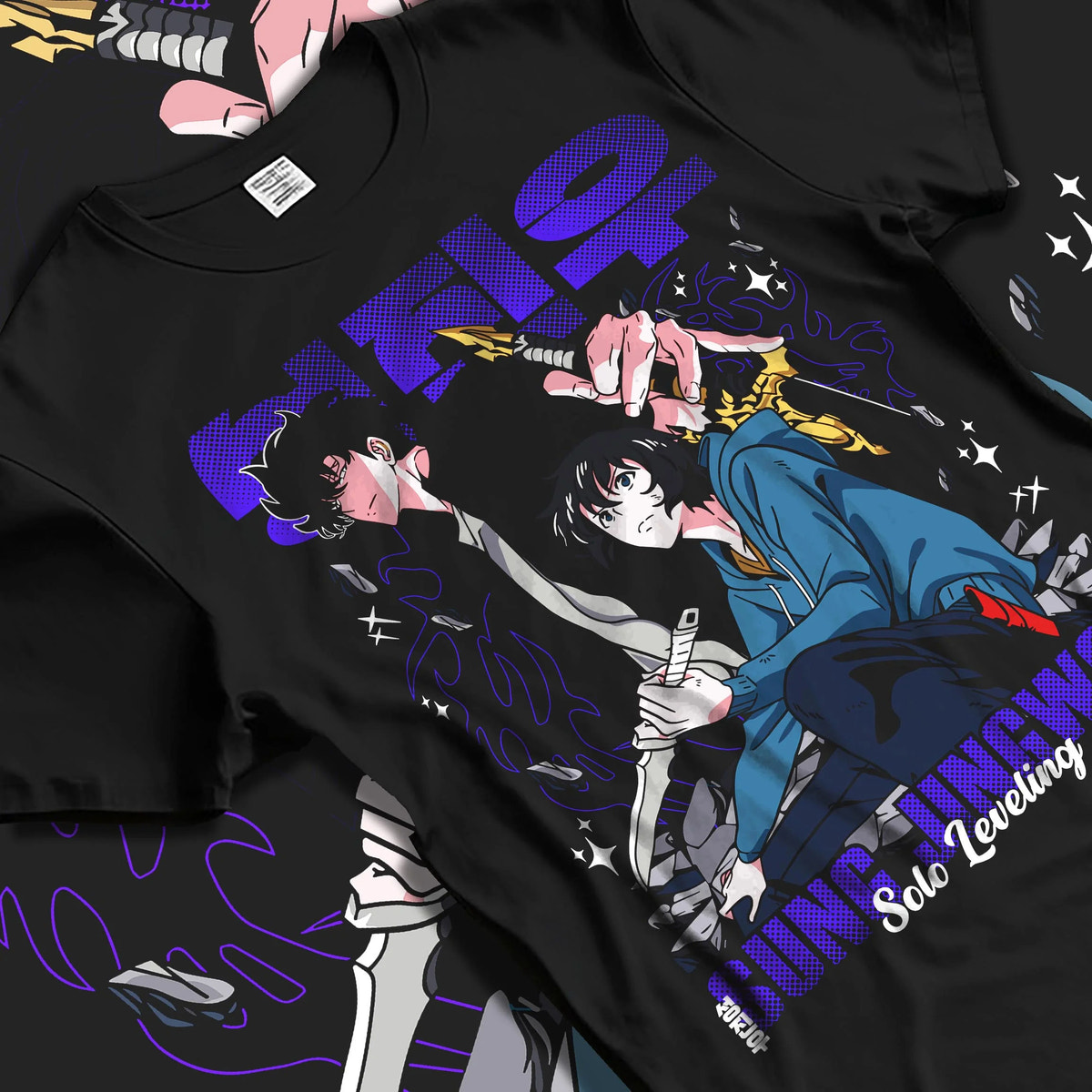 Black T-shirt laid flat with natural folds featuring Sung Jin-Woo hunter shadow portrait Solo Leveling artwork.