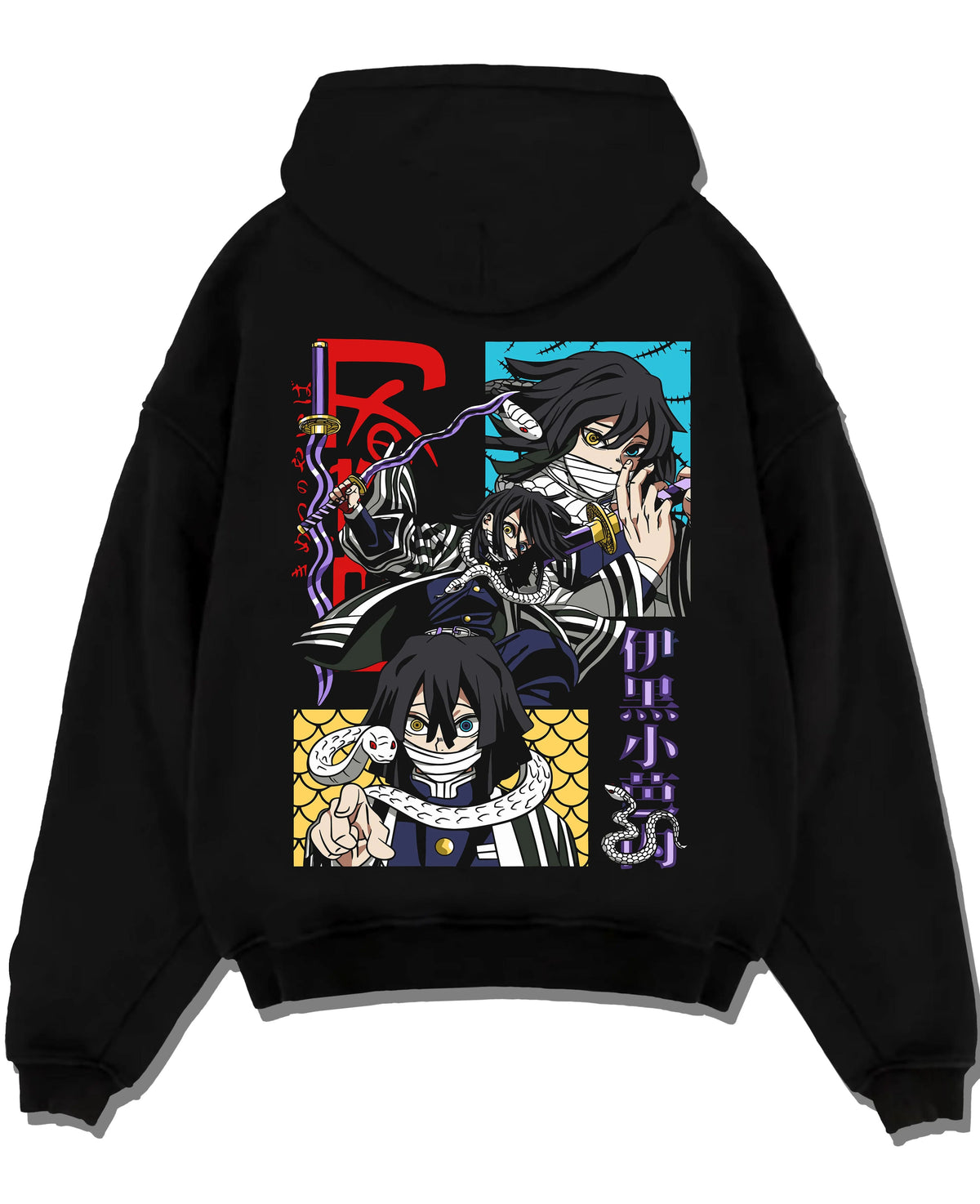 Black hoodie laid flat featuring Obanai Iguro Snake Pillar serpent Demon Slayer artwork.