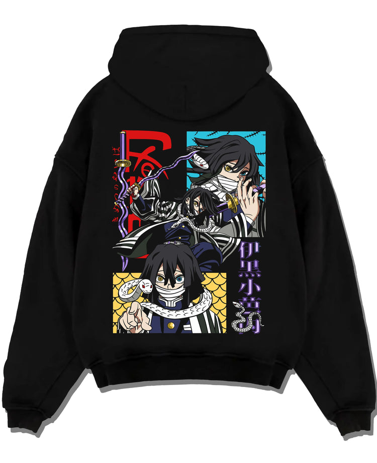 Black hoodie laid flat featuring Obanai Iguro Snake Pillar serpent Demon Slayer artwork.