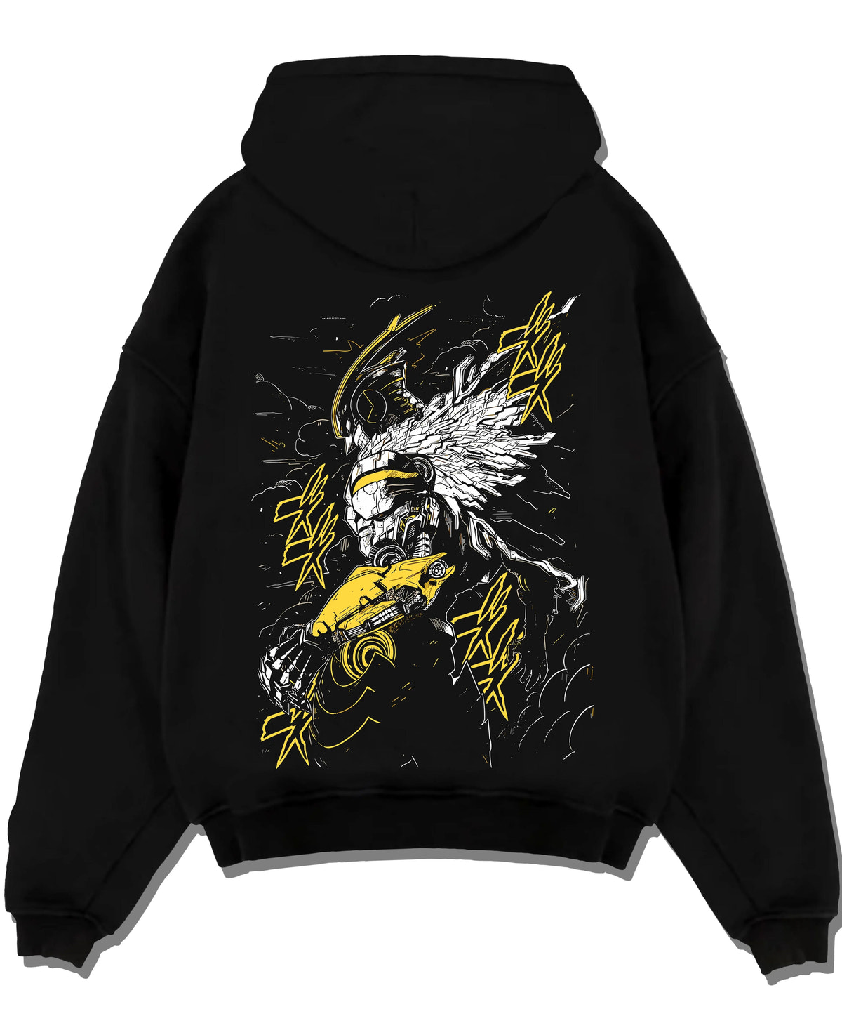 Black hoodie laid flat featuring Cygnus Hyoga Swan Cloth Cosmos Saint Seiya artwork.