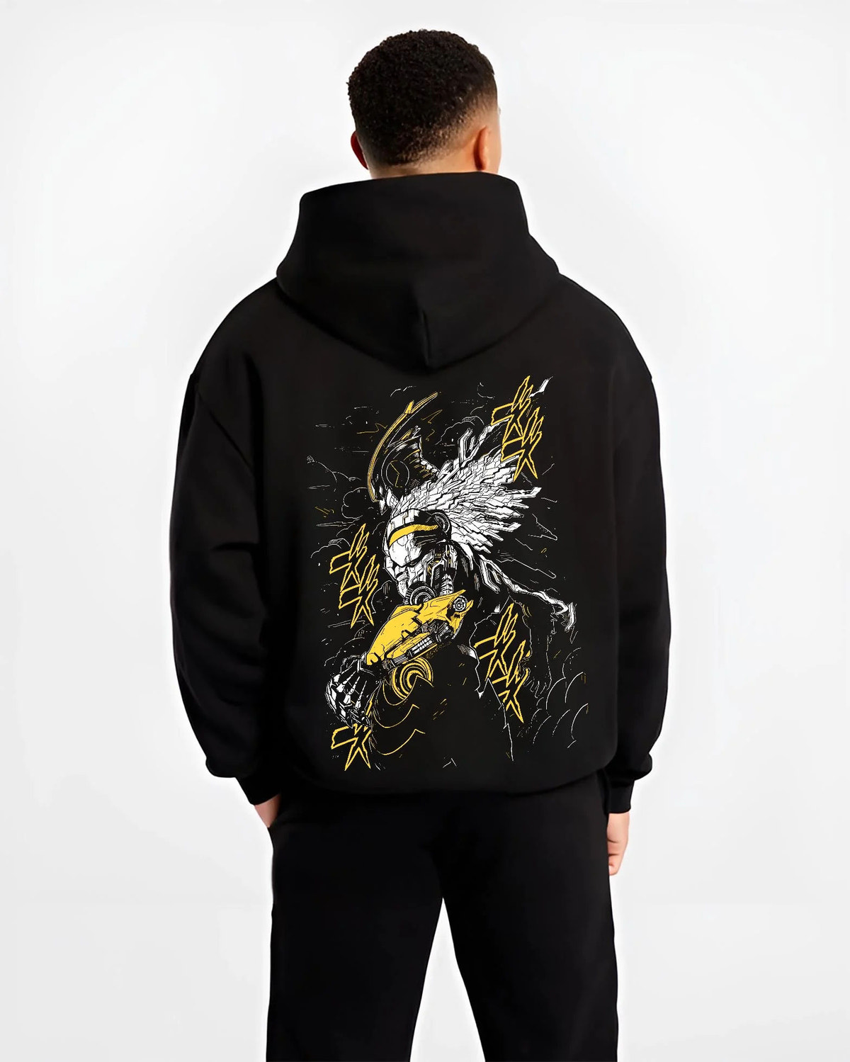 Black hoodie worn by male model from the back featuring Cygnus Hyoga Swan Cloth Cosmos Saint Seiya artwork.