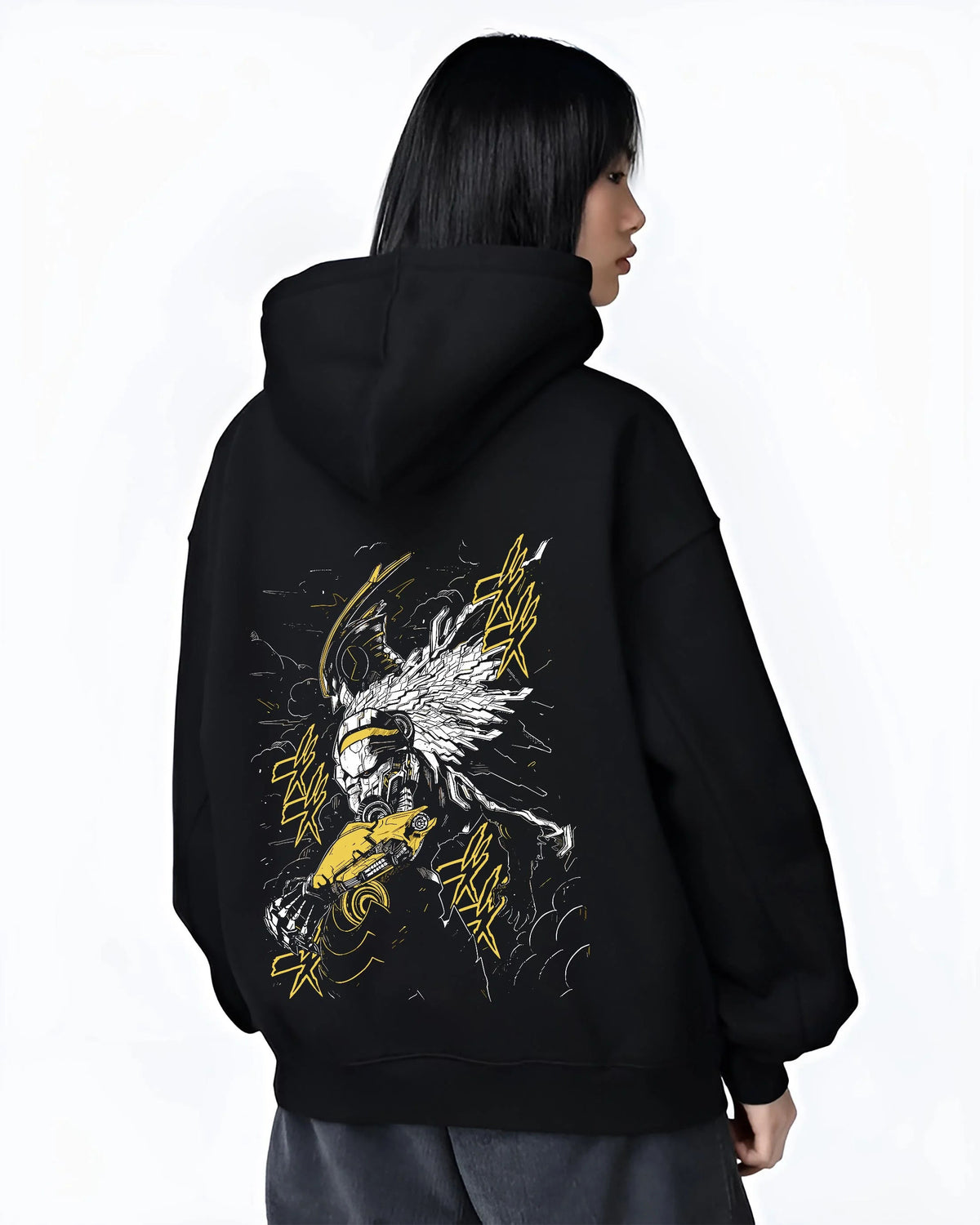 Black hoodie worn by female model from the back featuring Cygnus Hyoga Swan Cloth Cosmos Saint Seiya artwork.