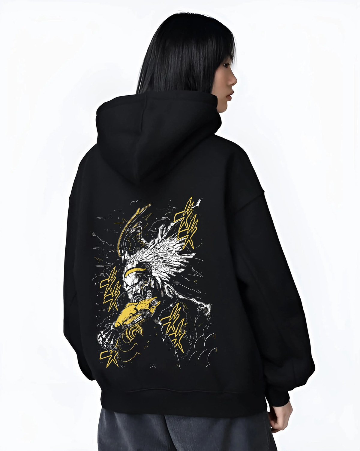 Black hoodie worn by female model from the back featuring Cygnus Hyoga Swan Cloth Cosmos Saint Seiya artwork.