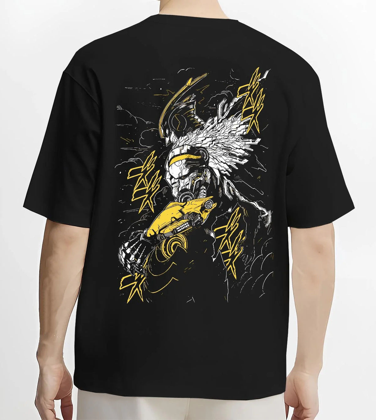 Black T-shirt worn by male model from the back featuring Cygnus Hyoga Swan Cloth Cosmos Saint Seiya artwork.