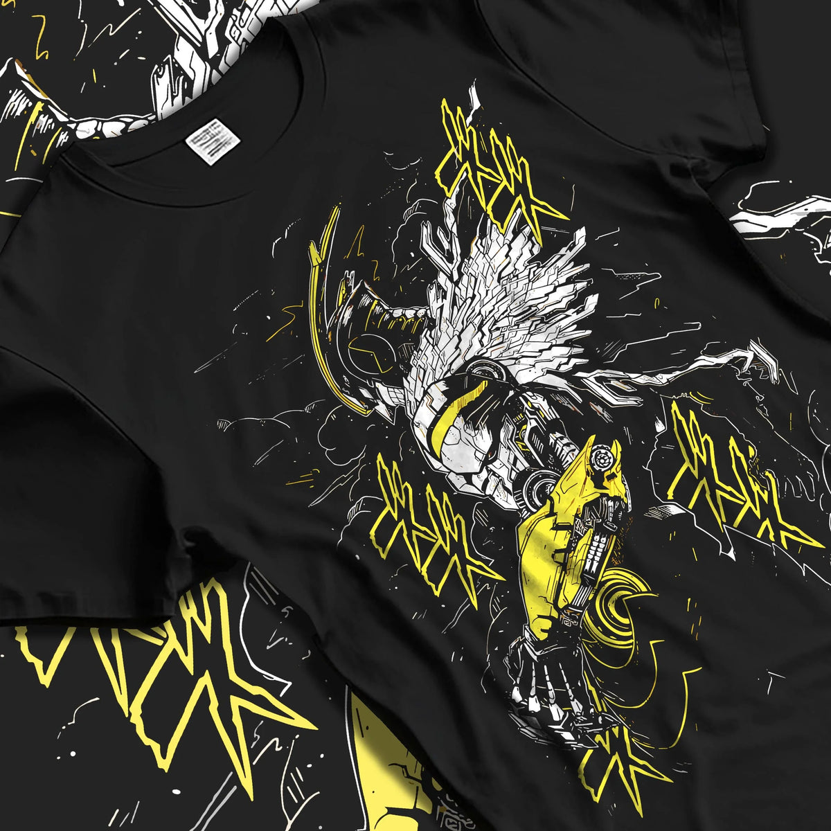 Black T-shirt laid flat with natural folds featuring Cygnus Hyoga Swan Cloth Cosmos Saint Seiya artwork.