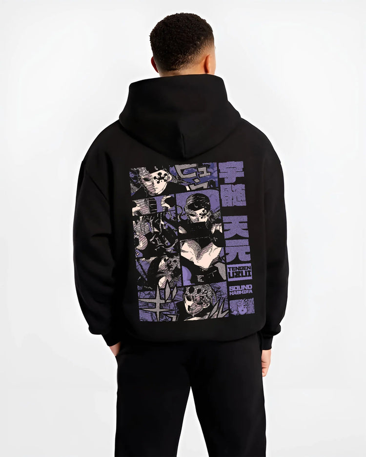 Black hoodie model back view showing Tengen Uzui from Demon Slayer: Sound Hashira panels