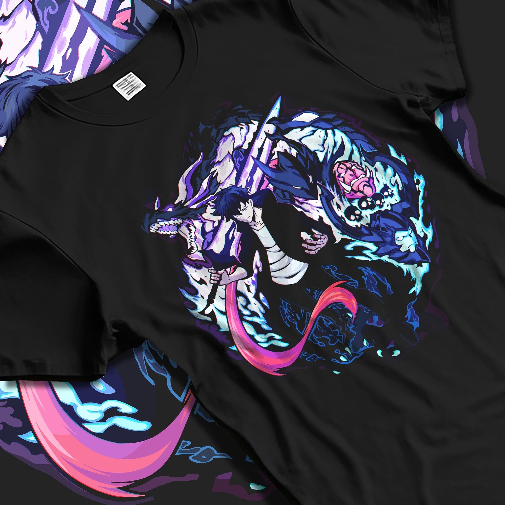 Black T-shirt laid flat with natural fabric folds, featuring Jinwoo Sung anime poster inspired artwork with glowing sword and shadow dragon retro tones.
