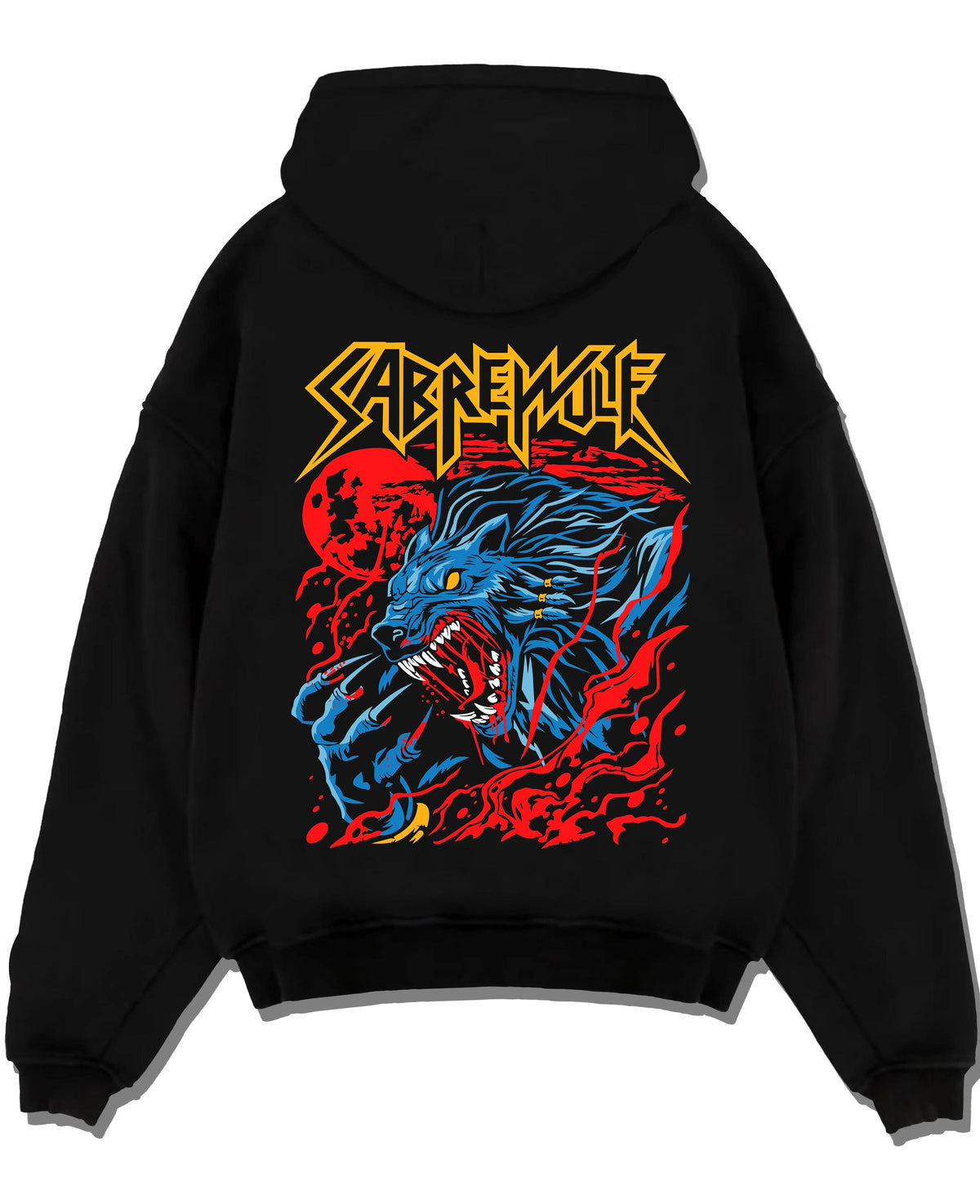 Black hoodie laid flat featuring Sabrewulf feral wolf fighter Killer Instinct artwork.