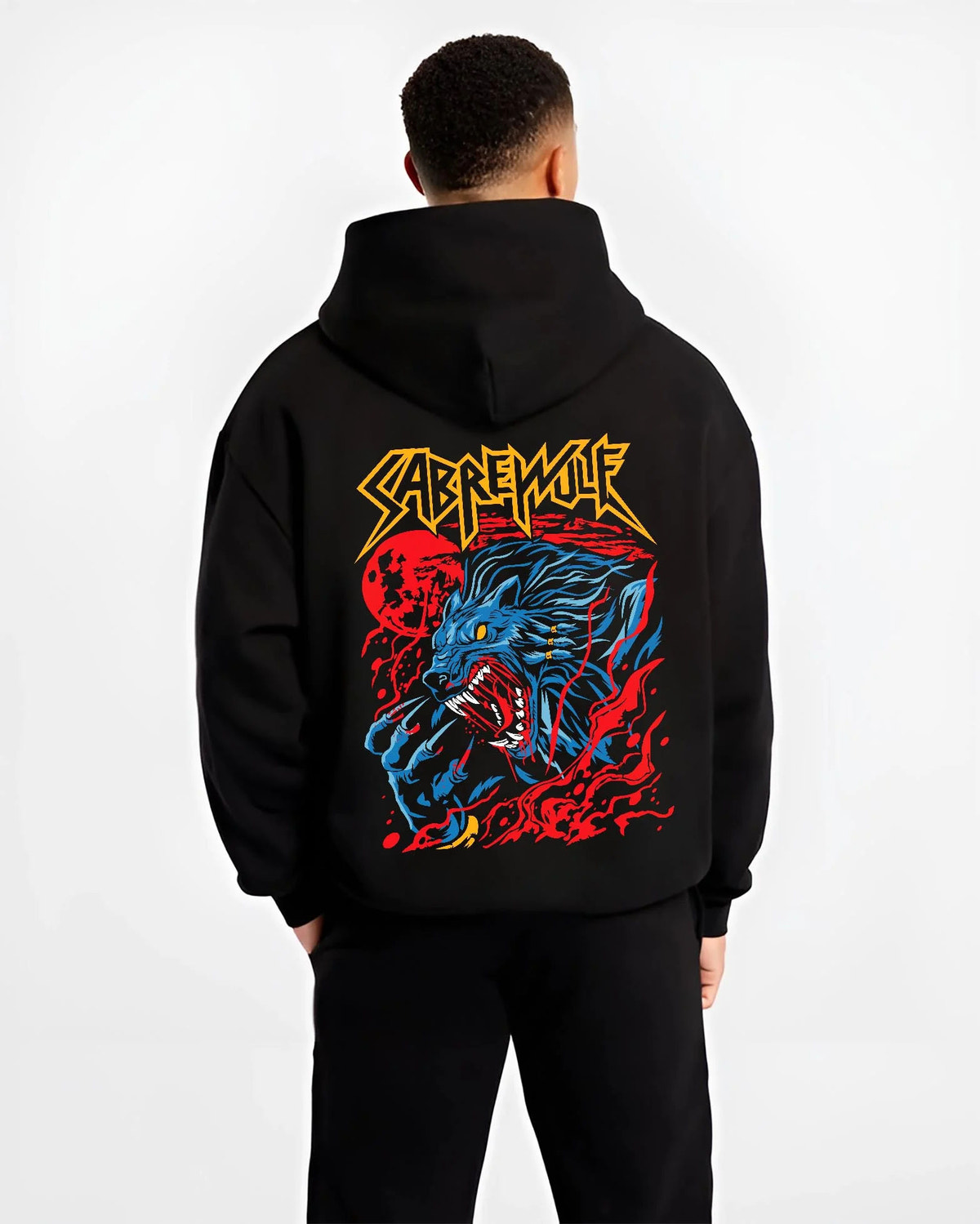Black hoodie worn by male model from the back featuring Sabrewulf feral wolf fighter Killer Instinct artwork.