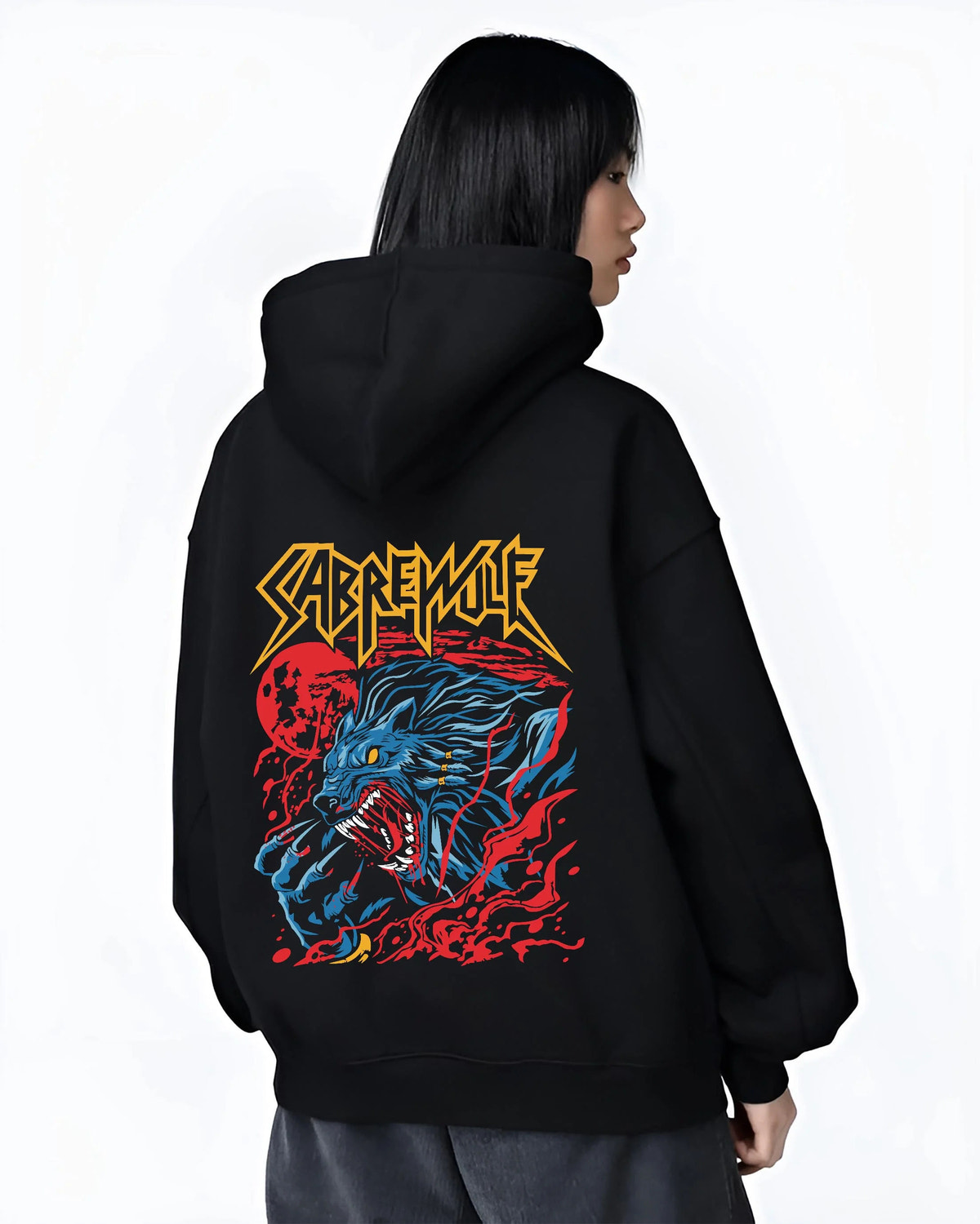 Black hoodie worn by female model from the back featuring Sabrewulf feral wolf fighter Killer Instinct artwork.