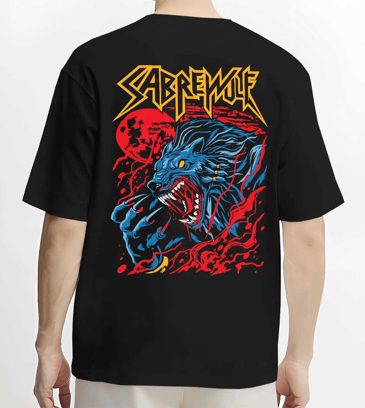 Black T-shirt worn by male model from the back featuring Sabrewulf feral wolf fighter Killer Instinct artwork.