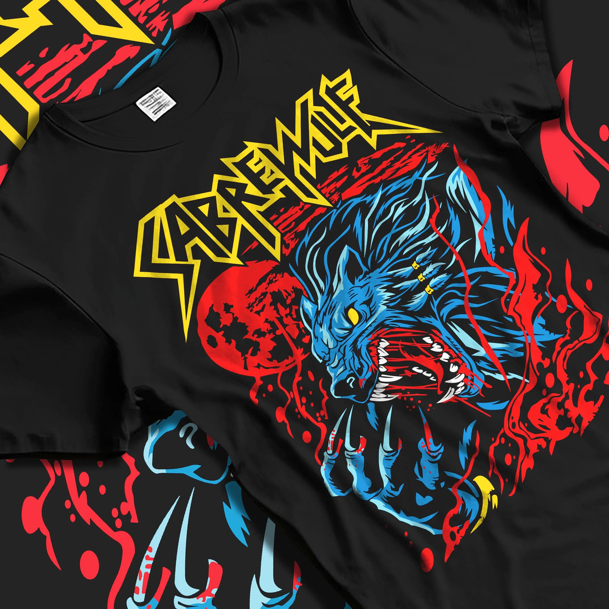 Black T-shirt laid flat with natural folds featuring Sabrewulf feral wolf fighter Killer Instinct artwork.
