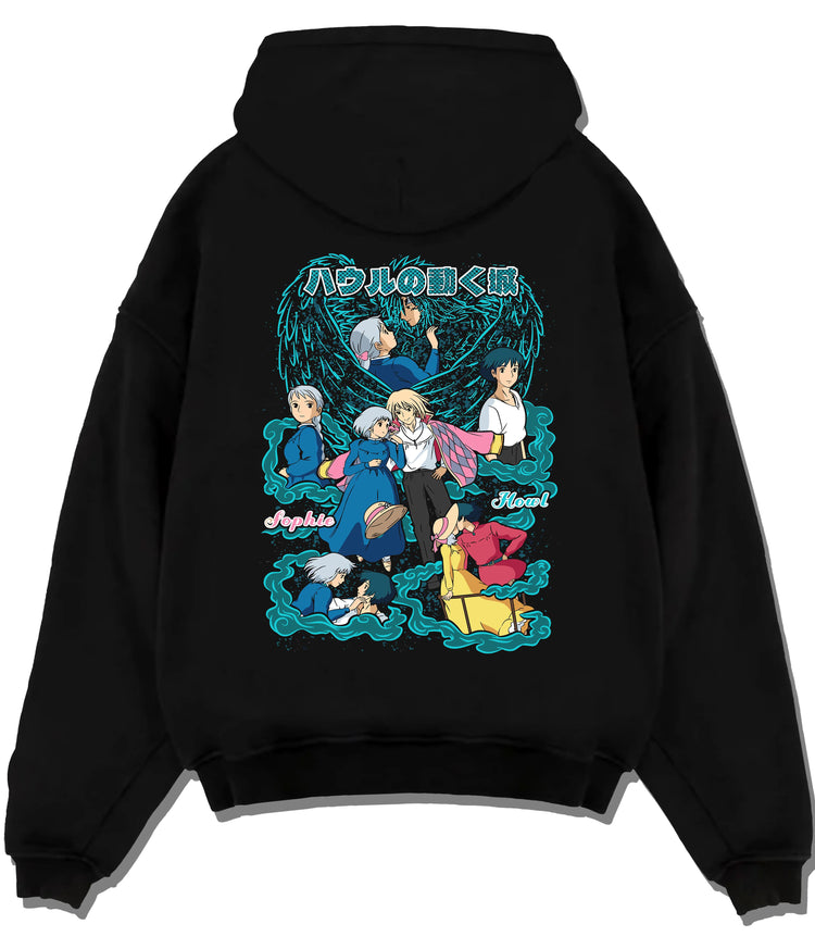 Black hoodie flat back view with Sophie, Howl and cast of Howl's Moving Castle from Studio Ghibli / Howl's Moving Castle