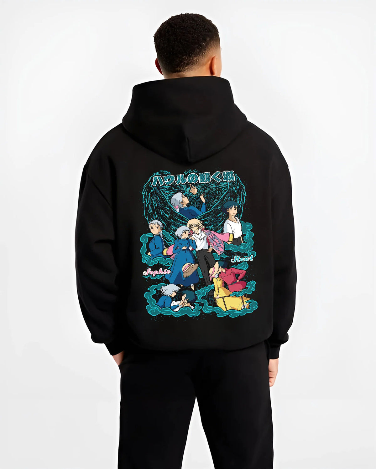 Black hoodie model back view with Sophie, Howl and cast of Howl's Moving Castle from Studio Ghibli / Howl's Moving Castle