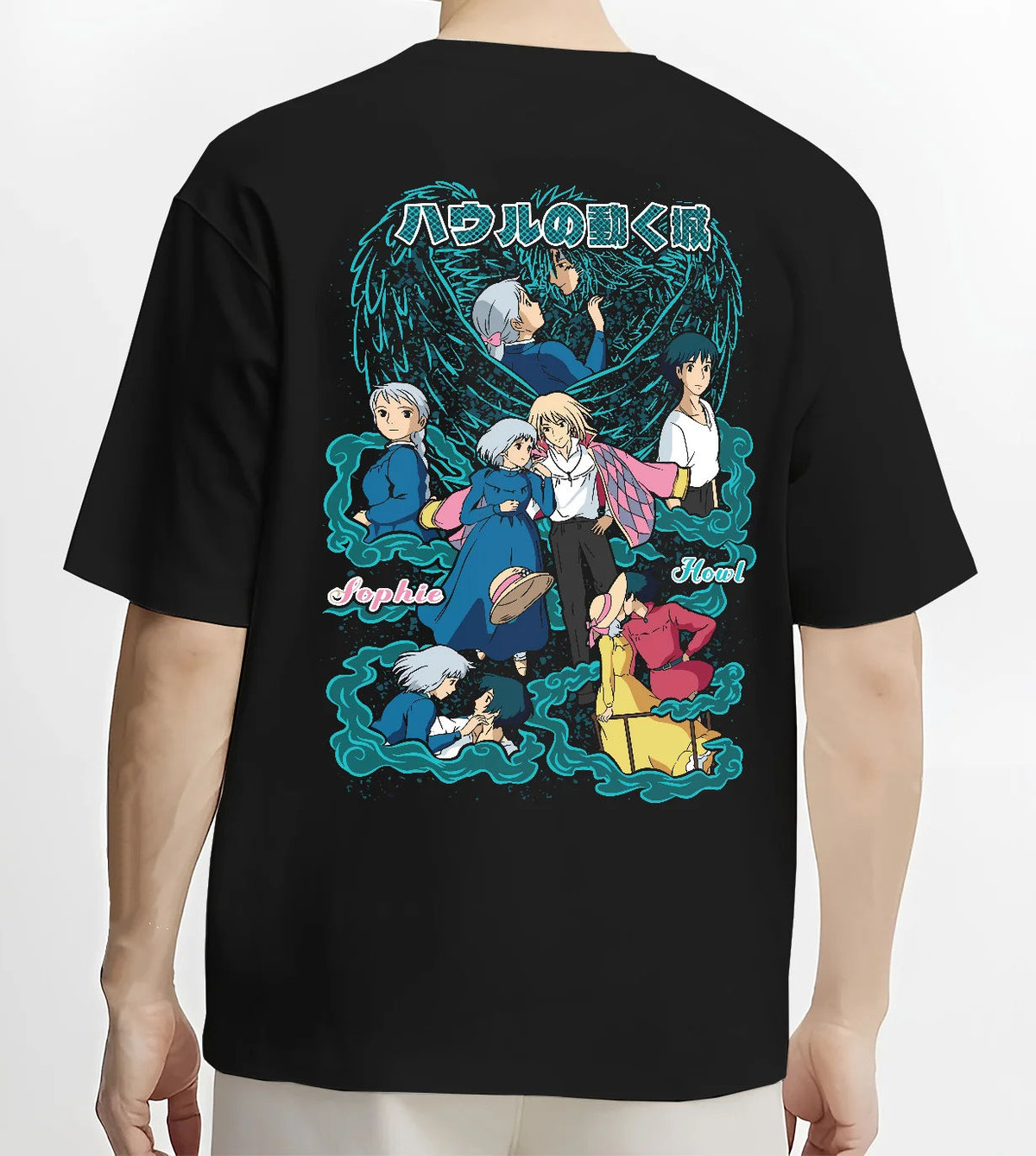 Black T-shirt model back view with Sophie, Howl and cast of Howl's Moving Castle from Studio Ghibli / Howl's Moving Castle