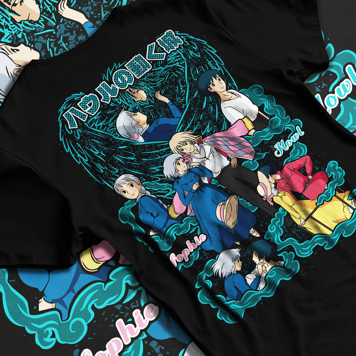 Black T-shirt flat back view with Sophie, Howl and cast of Howl's Moving Castle from Studio Ghibli / Howl's Moving Castle