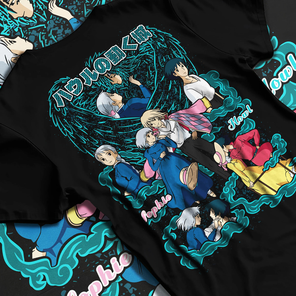 Black T-shirt flat back view with Sophie, Howl and cast of Howl's Moving Castle from Studio Ghibli / Howl's Moving Castle
