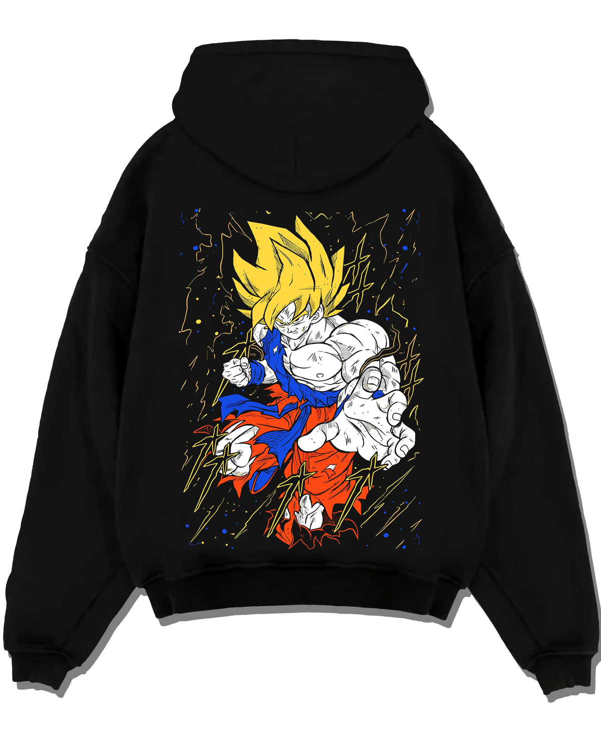 Black hoodie laid flat featuring Goku Super Saiyan battle power Dragon Ball Z artwork.