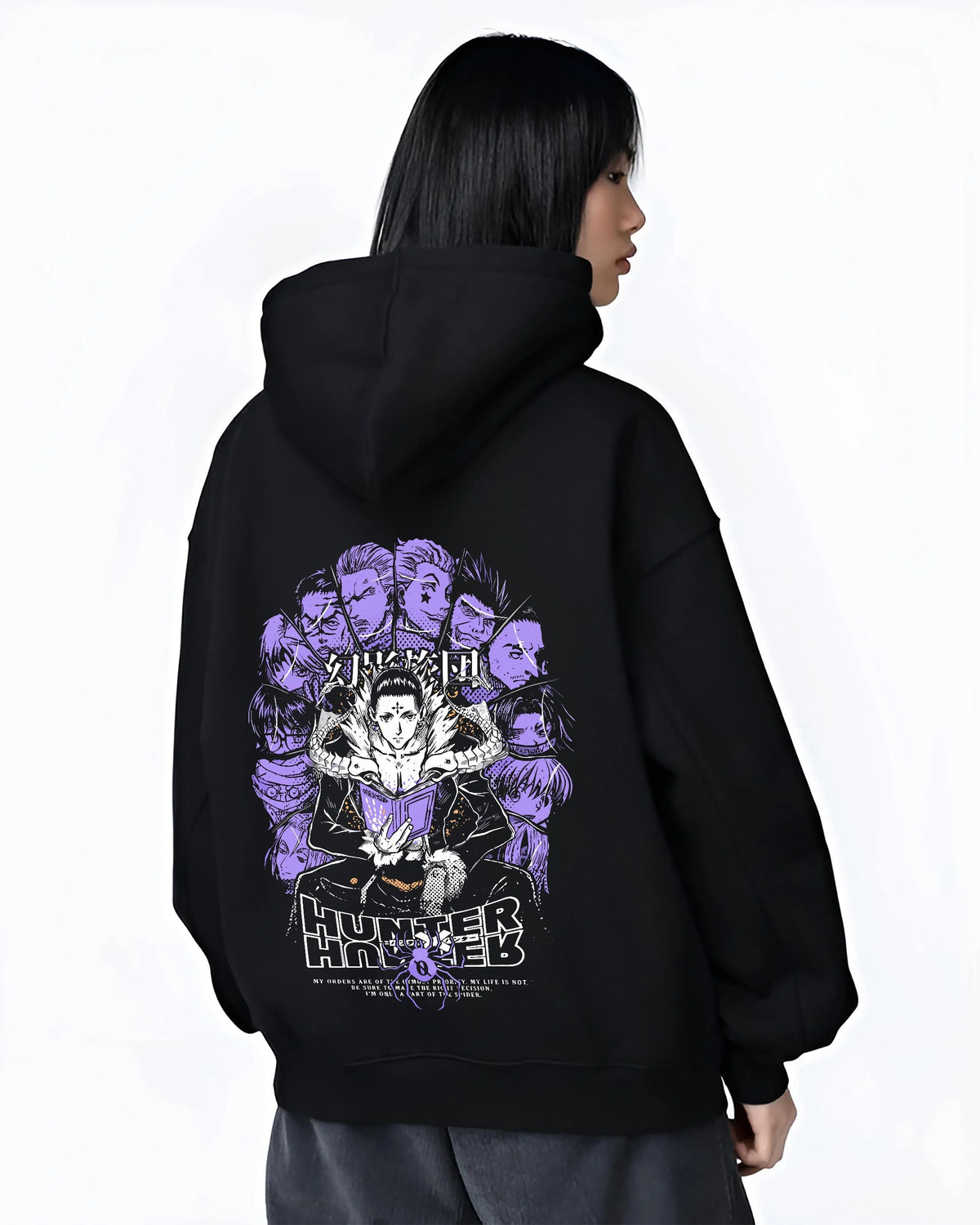 Black hoodie worn by female model from the back featuring Chrollo Lucilfer Phantom Troupe Hunter x Hunter artwork.