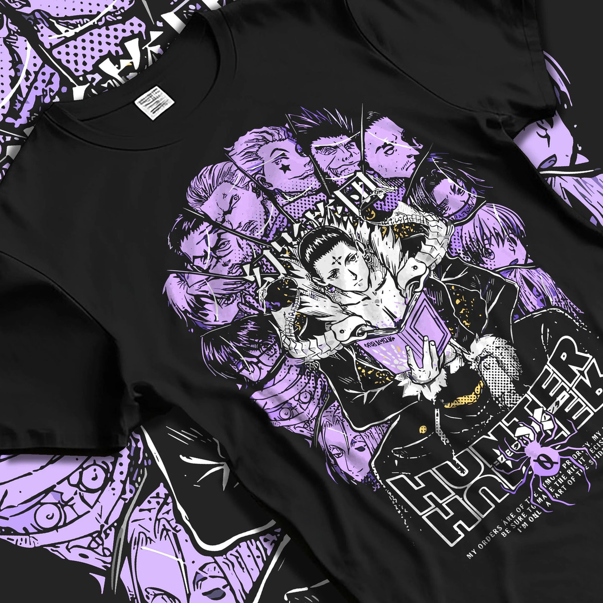 Black T-shirt laid flat with natural folds featuring Chrollo Lucilfer Phantom Troupe Hunter x Hunter artwork.