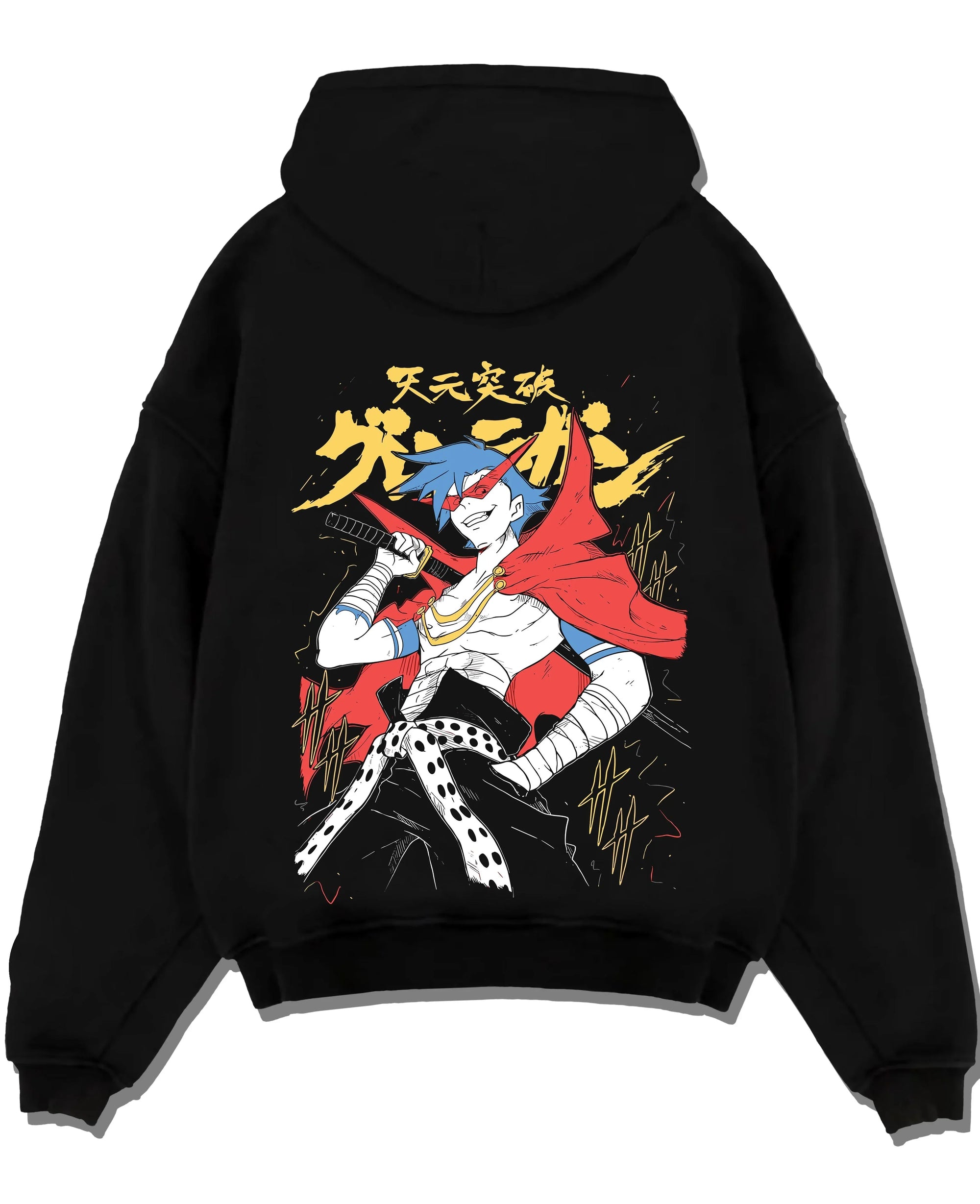Black pullover hoodie laid flat with Kamina Hoodie Gurren Lagann Spiral Fighting Soul graphic premium wear.