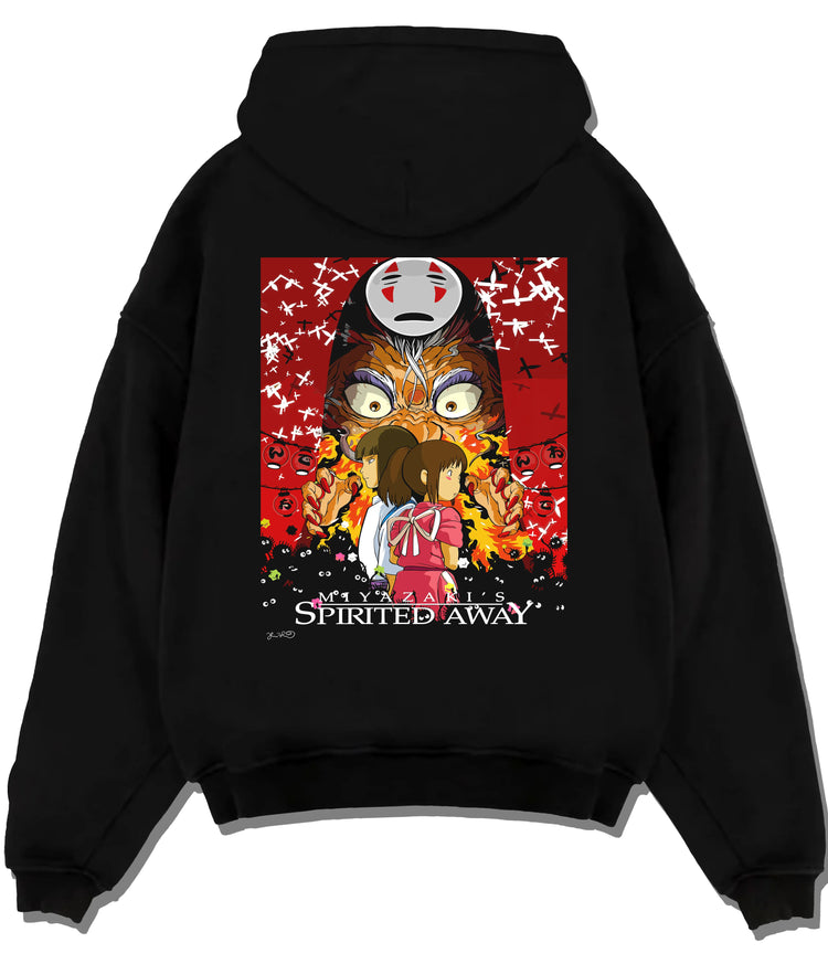 Black hoodie flat back view with Chihiro, No-Face and Spirited Away cast illustrated back graphic
