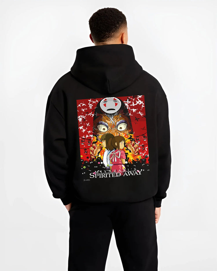 Black hoodie model back view with Chihiro, No-Face and Spirited Away cast illustrated back graphic