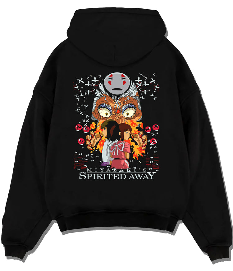 Black hoodie flat back view with Chihiro, No-Face and Yubaba / Spirited Away from Studio Ghibli - Spirited Away illustrated