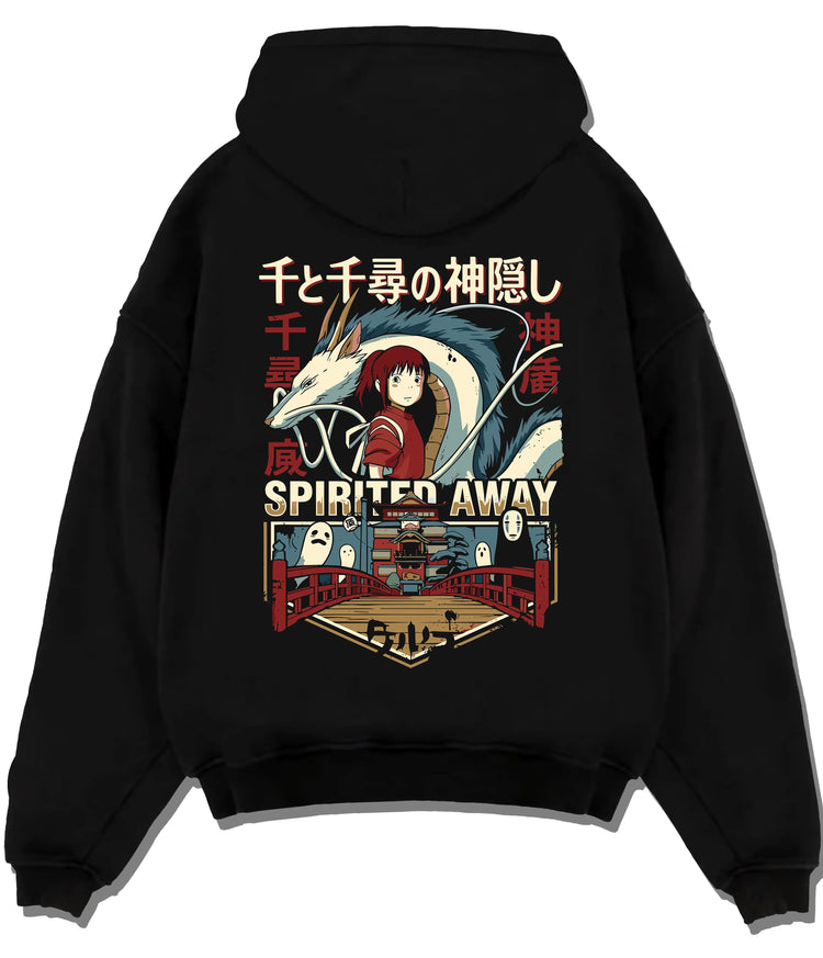 Black hoodie flat back view showing Chihiro and No-Face from Studio Ghibli: Spirited Away railway scene