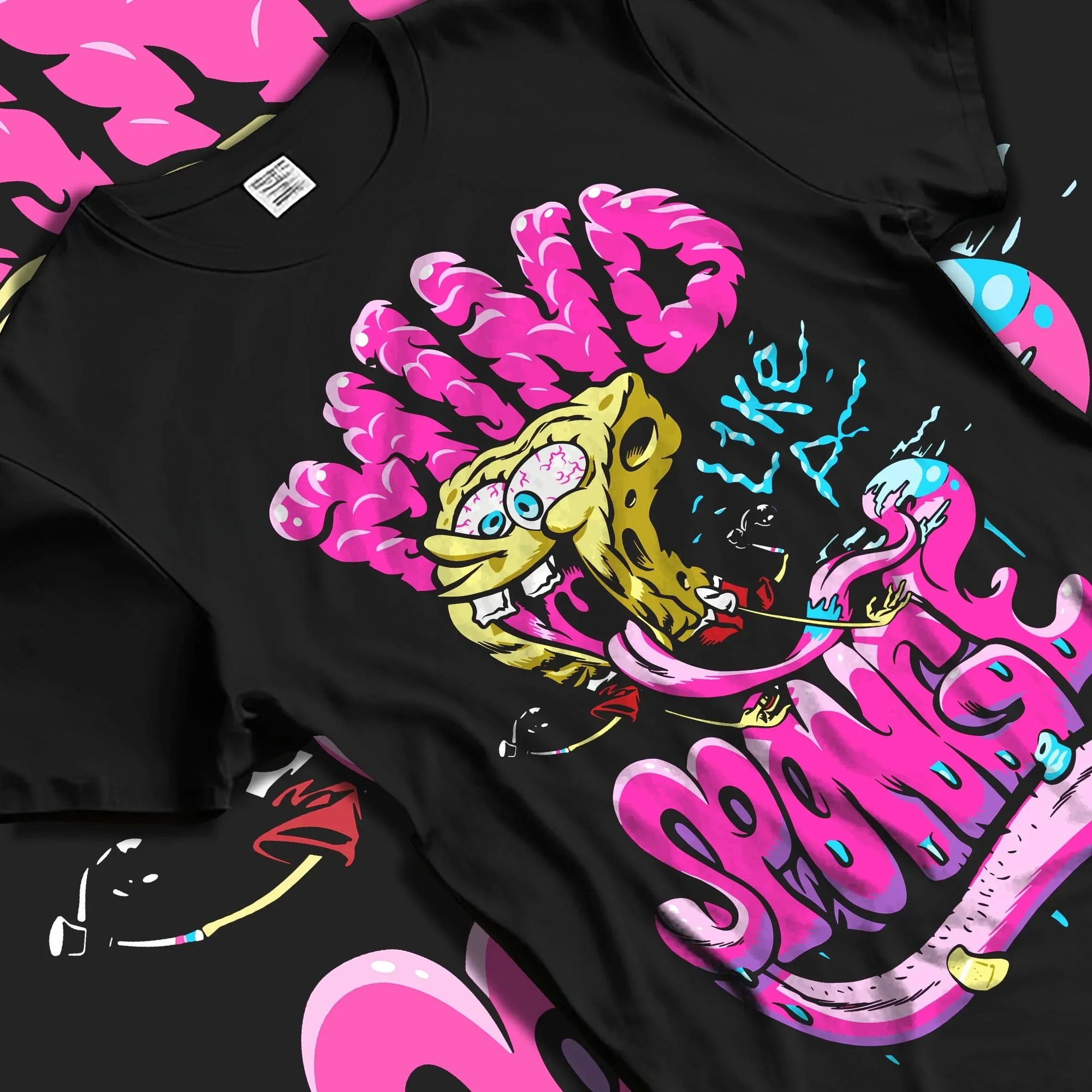 Black T-shirt laid flat with natural folds with SpongeBob Hoodie Mind Sponge Cartoon Retro Parody graphic streetwear graphic.