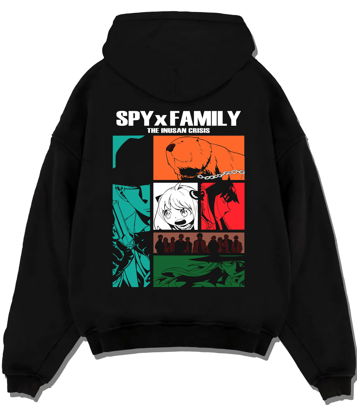Black hoodie flat back view with Spy x Family manga collage illustrated back graphic