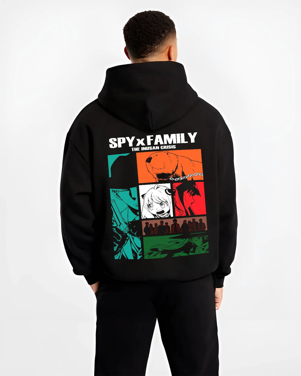 Black hoodie model back view with Spy x Family manga collage illustrated back graphic