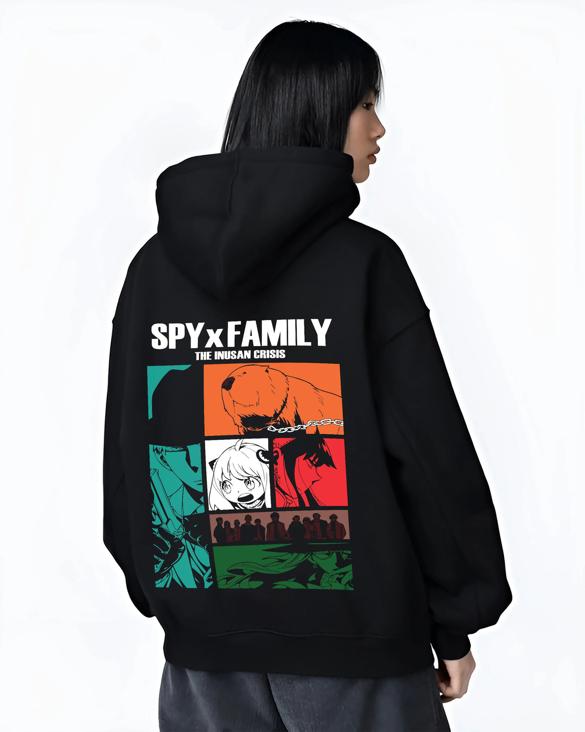 Black hoodie female model back view with Spy x Family manga collage illustrated back graphic