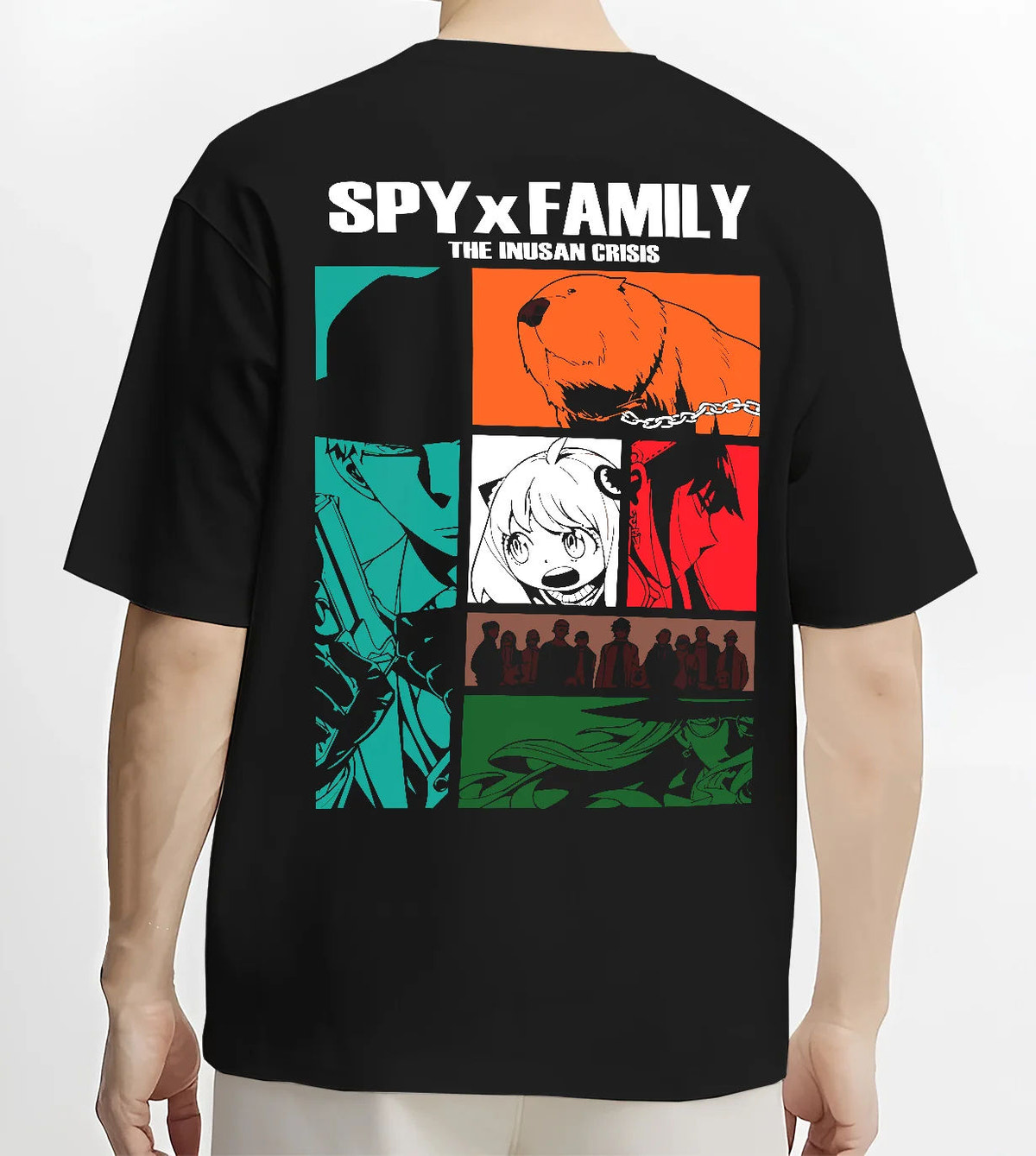 Black T-shirt model back view with Spy x Family manga collage illustrated back graphic
