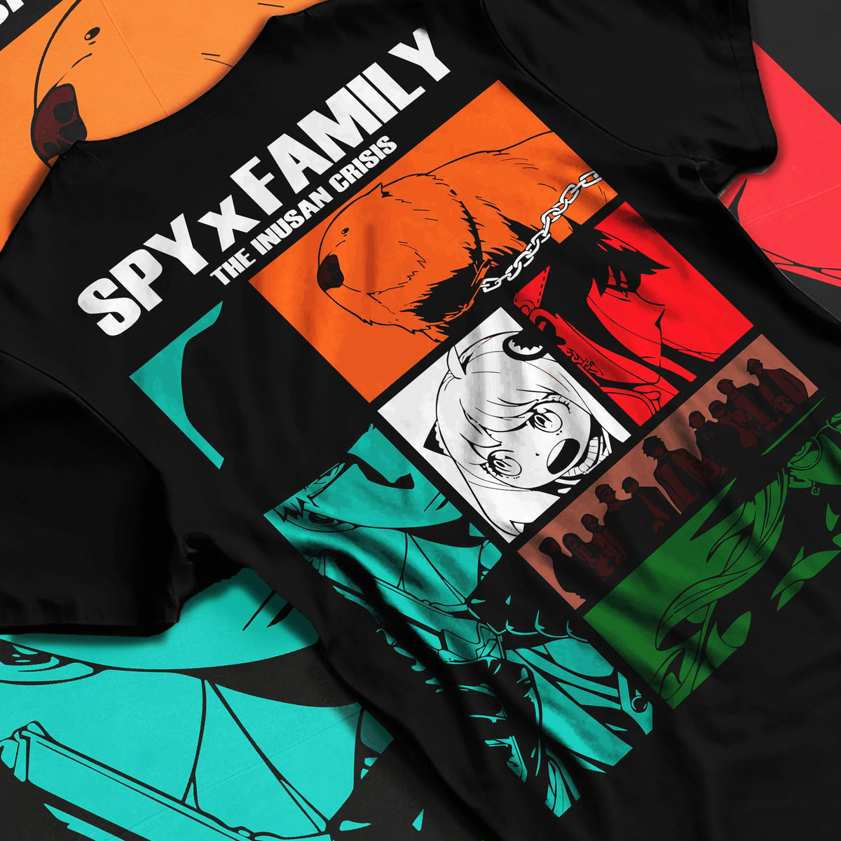 Black T-shirt flat back view with Spy x Family manga collage illustrated back graphic