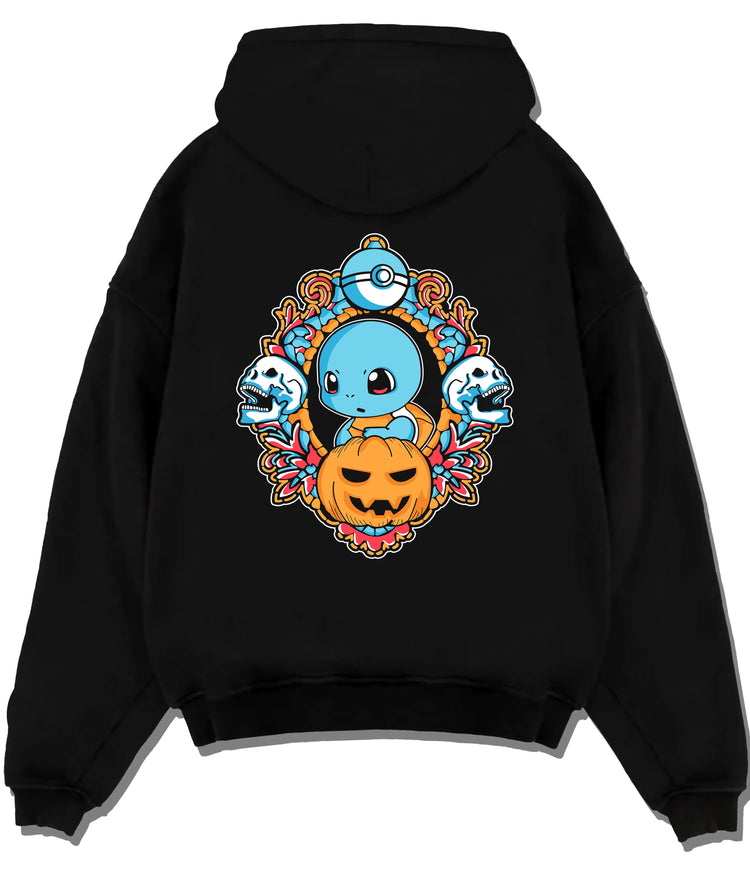 Black hoodie flat back view with Halloween Squirtle and Pokémon ghosts illustrated back graphic