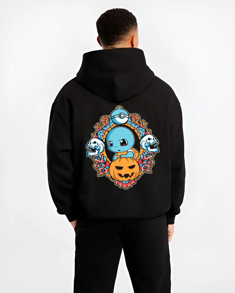 Black hoodie model back view with Halloween Squirtle and Pokémon ghosts illustrated back graphic