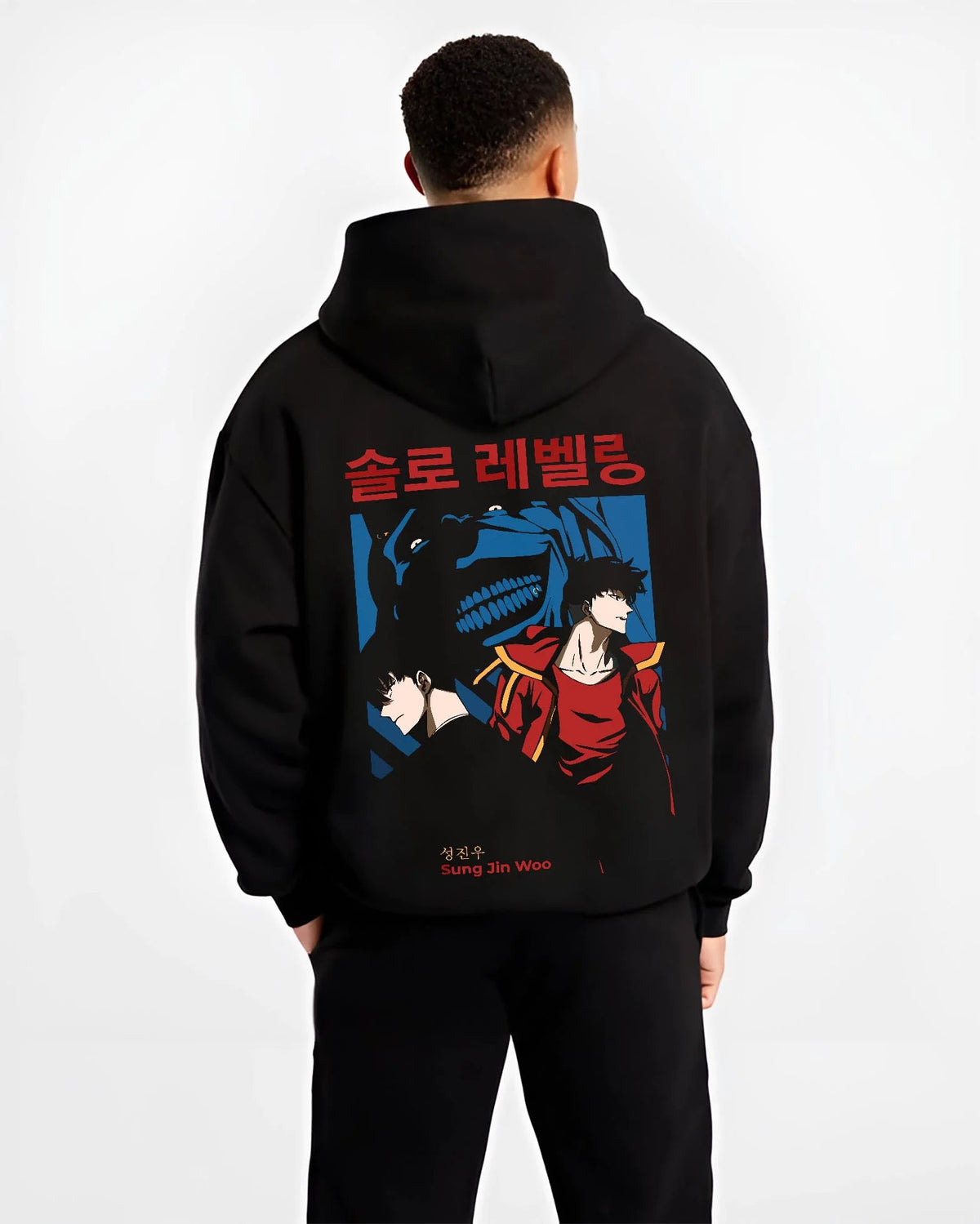 Black hoodie worn by male model from the back featuring Sung Jin-Woo shadow beast hunter Solo Leveling artwork.