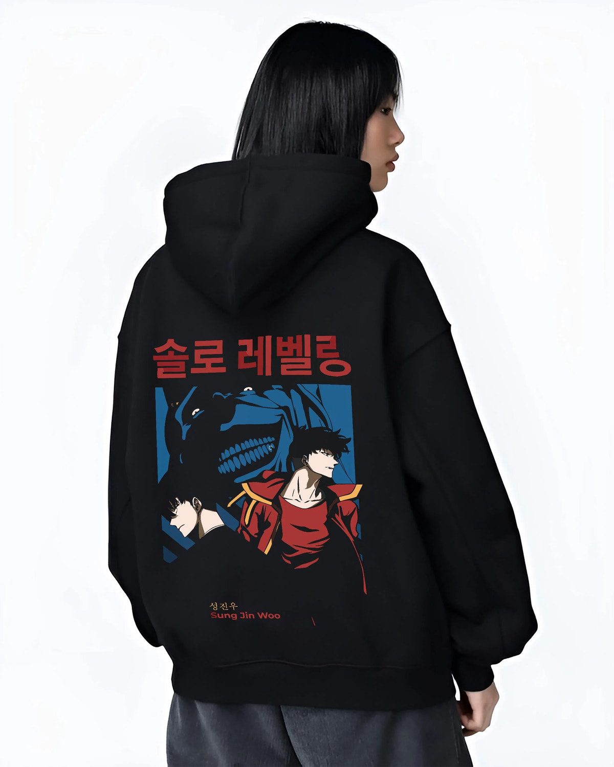 Black hoodie worn by female model from the back featuring Sung Jin-Woo shadow beast hunter Solo Leveling artwork.